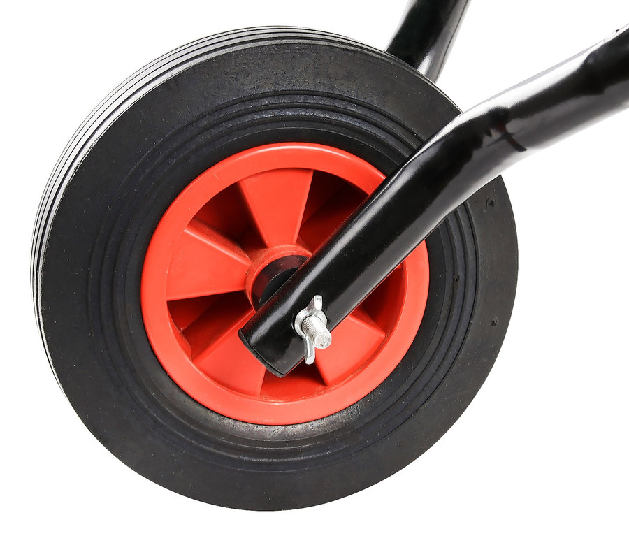 Detail einer faltbaren Schubkarre. Schwarzes Rad mit roter Mitte.