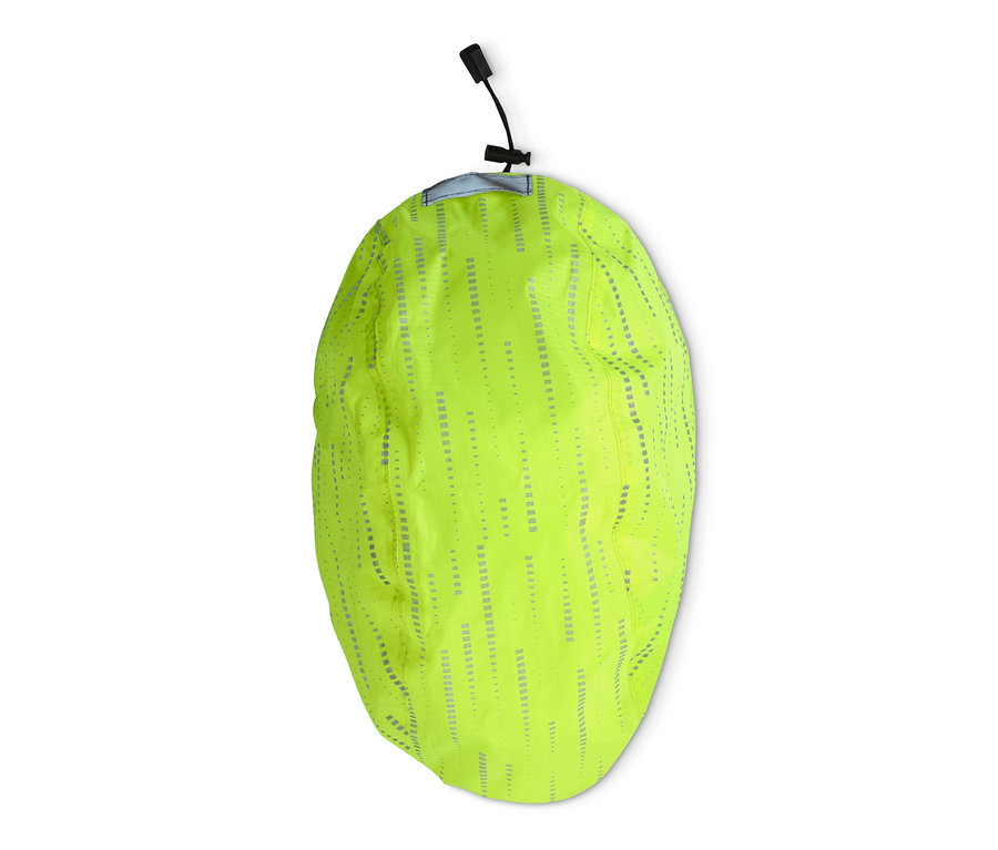 Neongelber Fahrradhelm-Regenüberzug mit reflektierenden Streifen.