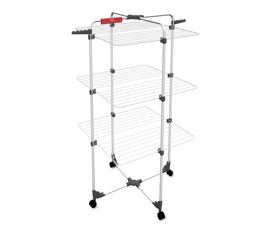 Ein dreistöckiger Vileda-Turmwäschetrockner "Mixer 3" mit Rollen.