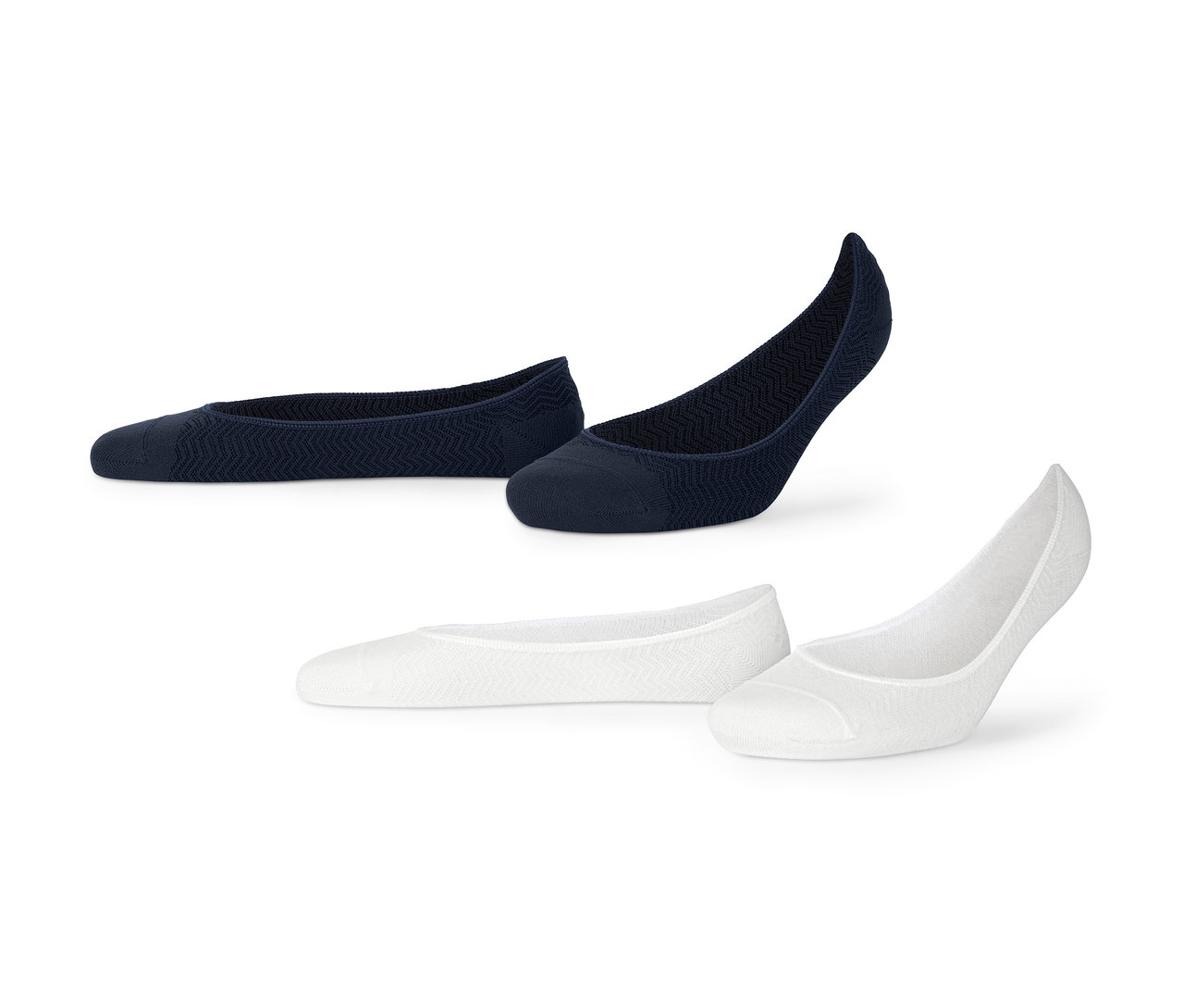 Zwei Paar Sneaker-Füßlinge: ein Paar dunkelblau, ein Paar weiß.