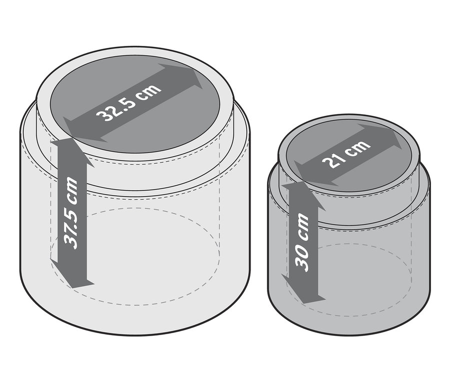 Zwei Samtpoufs mit Stauraum.