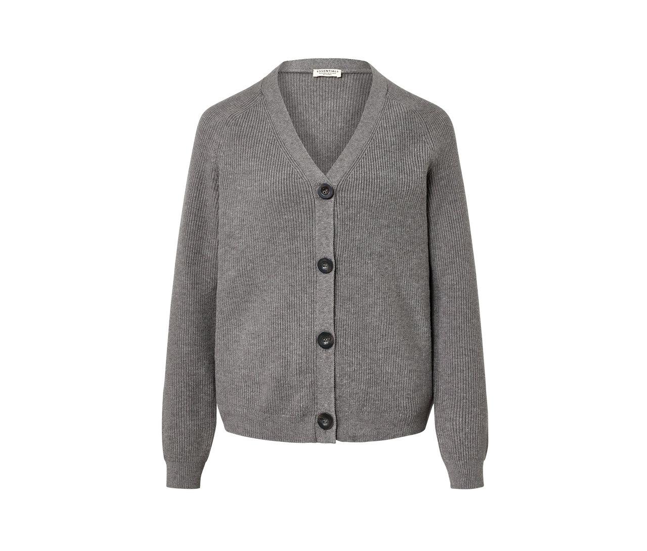 Grauer Grobstrick-Cardigan mit V-Ausschnitt und Knöpfen.