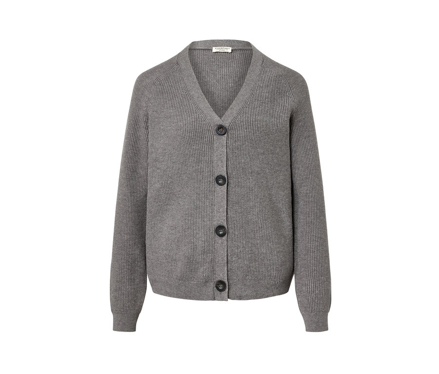 Grauer Grobstrick-Cardigan mit V-Ausschnitt und Knöpfen.