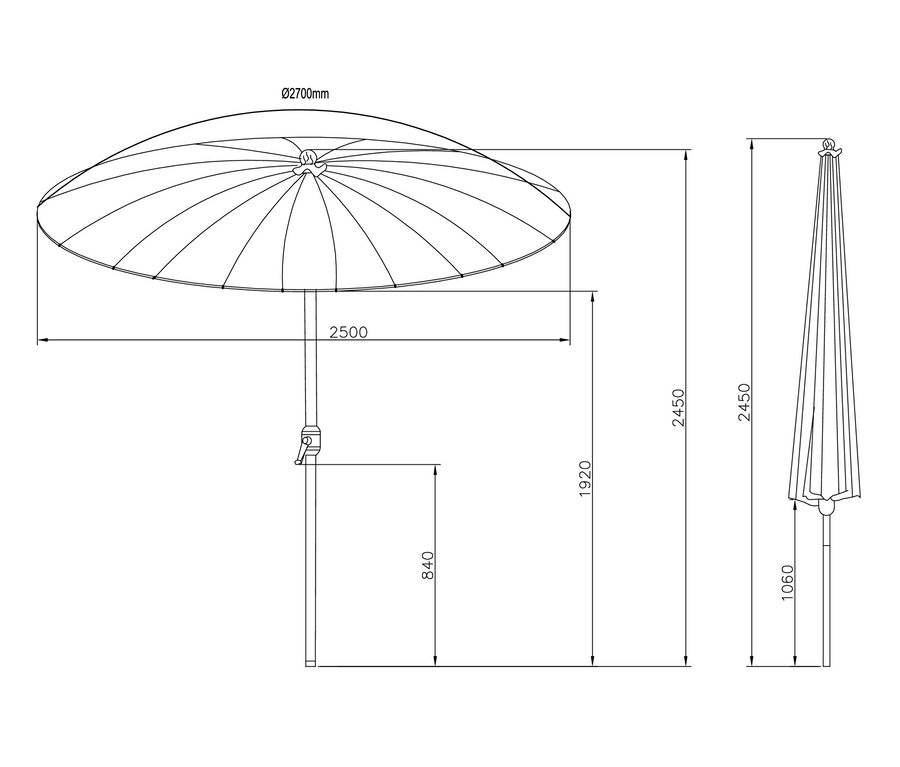 Diagramm einer technischen Zeichnung des Leco Aluminium-Sonnenschirms »Shanghai« mit Maßangaben.