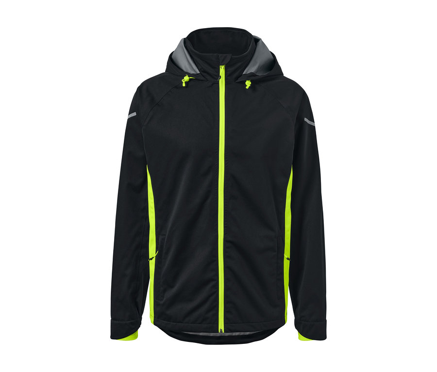 Schwarze Rad-Regenjacke mit neongelbem Reißverschluss.
