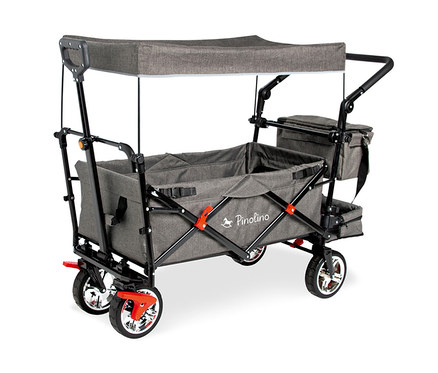 Grauer Pinolino Klappbollerwagen Add Plus mit schwarzem Gestell, Verdeck und Stauraum.