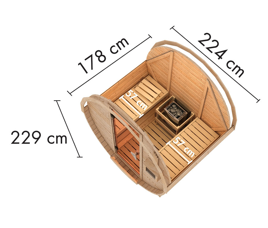 Draufsicht auf Karibu Fasssauna »Nadi 1« mit Abmessungen.