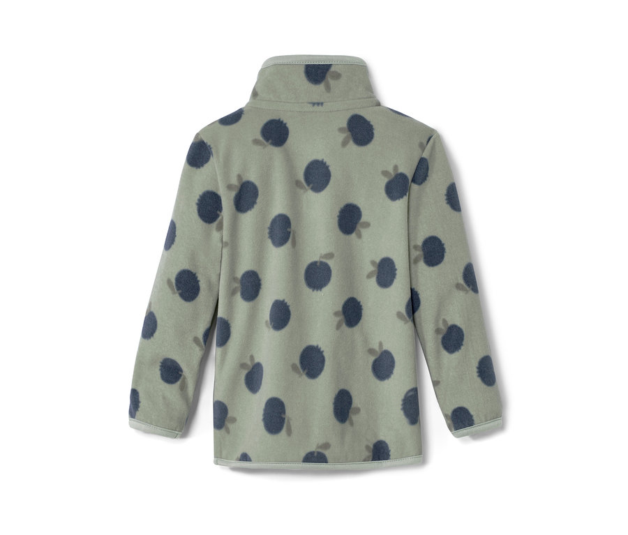 Detailansicht einer Kinder-Fleecejacke mit Blaubeeren-Muster.