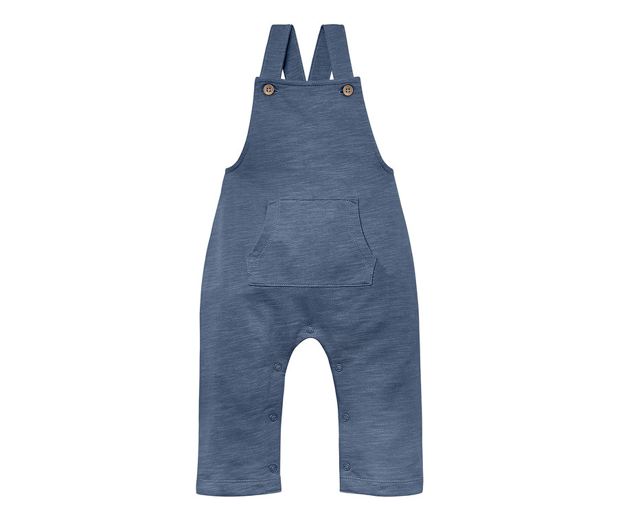 Blaue Baby-Latzhose mit Tasche.