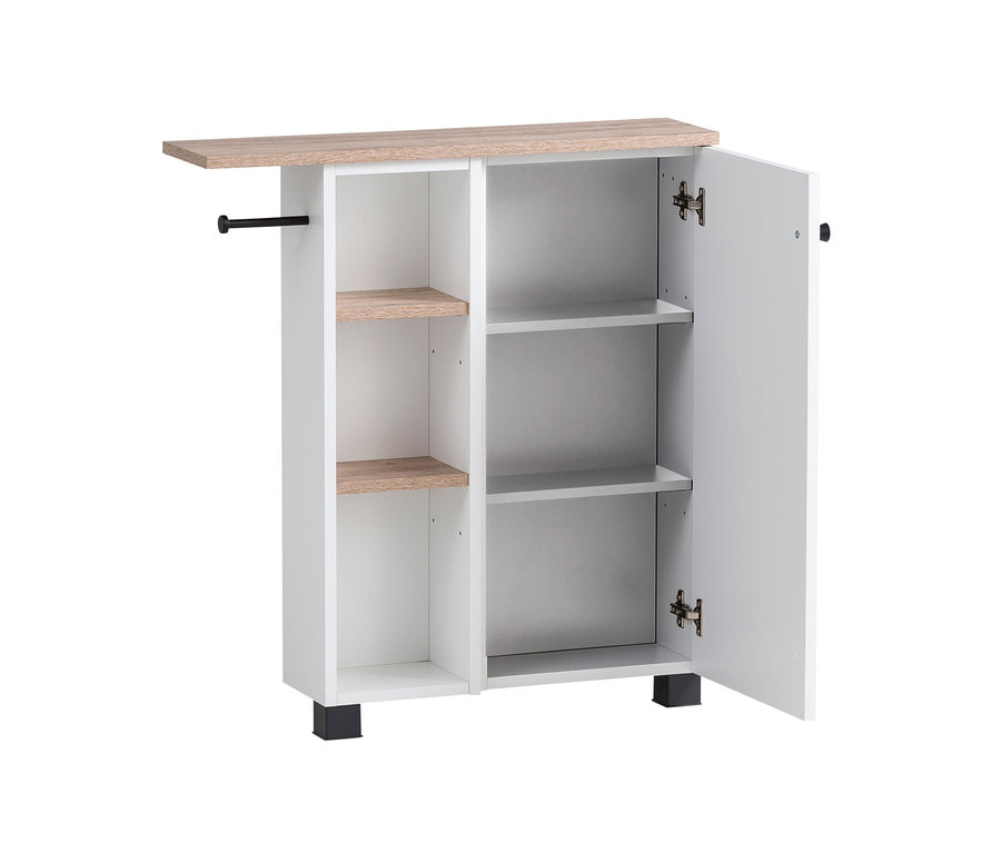 Weißer, matter Badschrank »Balto« mit geöffneter Tür.