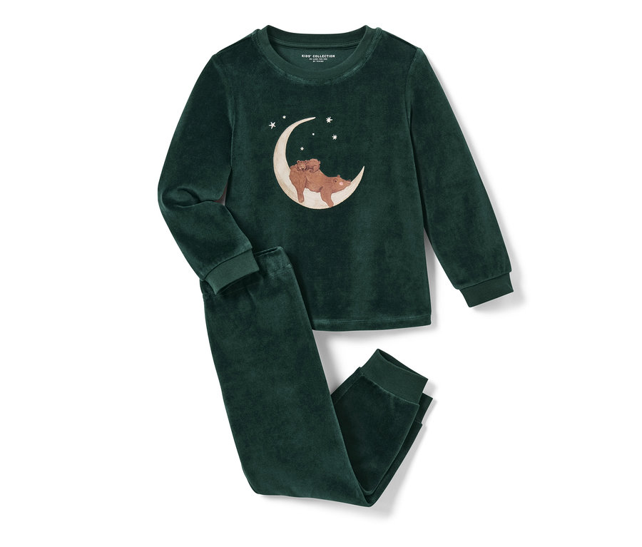 Grüner Kinder-Nicki-Pyjama mit Bär auf dem Mond.
