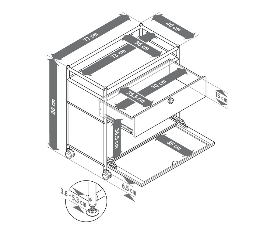 Abbildung der Kommode Metall »CN3« mit 1 Schublade, 1 Klappenfach und Umrandung, inklusive Maßangaben.
