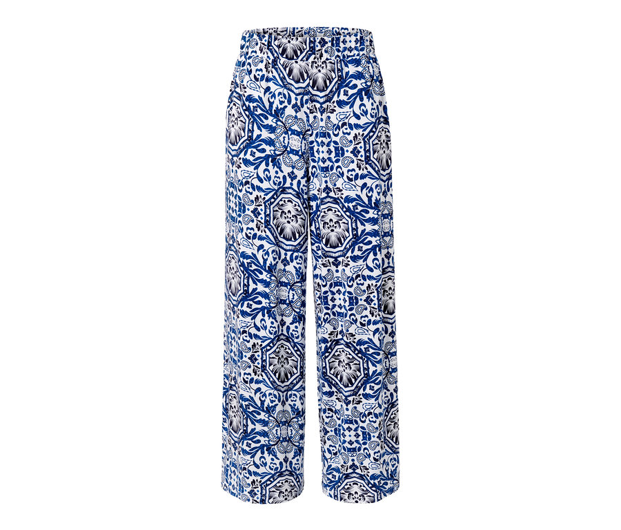Bedruckte Palazzohose mit blau-weissem Muster.