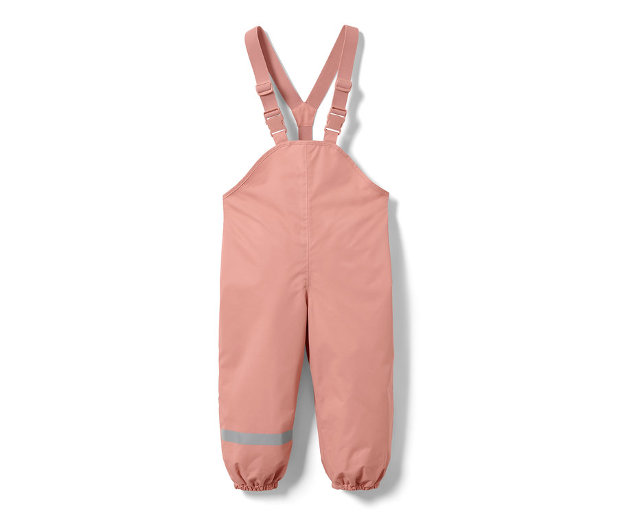 Rosa Kinder-Thermo-Regenhose mit Latz und Reflexstreifen am Hosenbein.