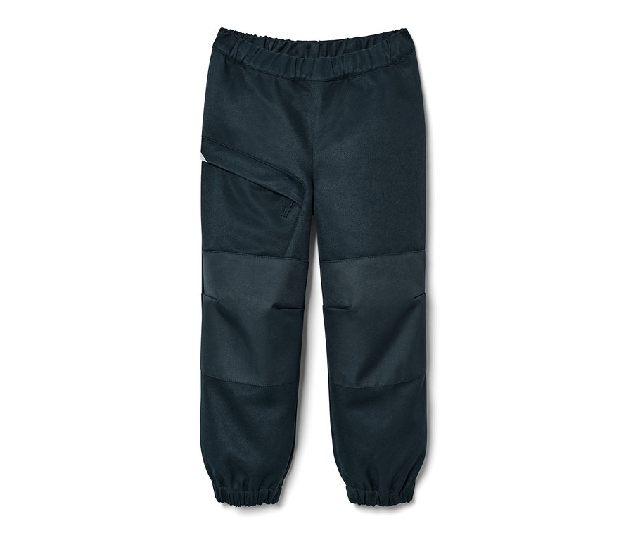 Dunkelblaue Kinder-Softshellhose mit Reißverschlusstasche.