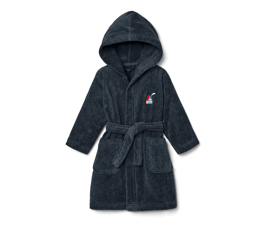 Dunkelblauer Kinder-Bademantel mit Kapuze und Motiv.