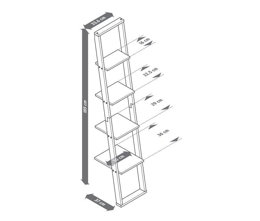 Abbildung eines schmalen Leiterregals mit Massangaben.