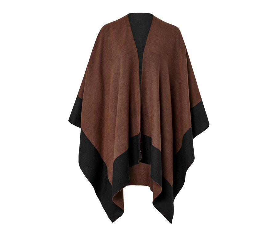 Ein brauner Wende-Poncho mit schwarzem Saum.