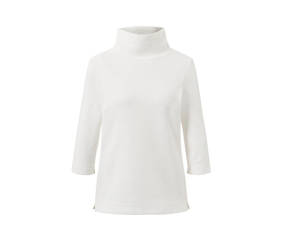 Ein cremefarbenes Sweatshirt mit 3/4-Arm auf weißem Hintergrund.