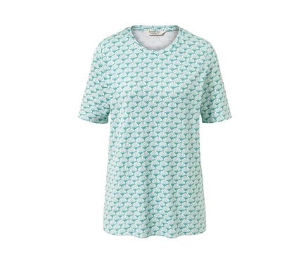 Grün-weißes Interlock-Shirt mit kurzen Ärmeln und Muschelmuster.