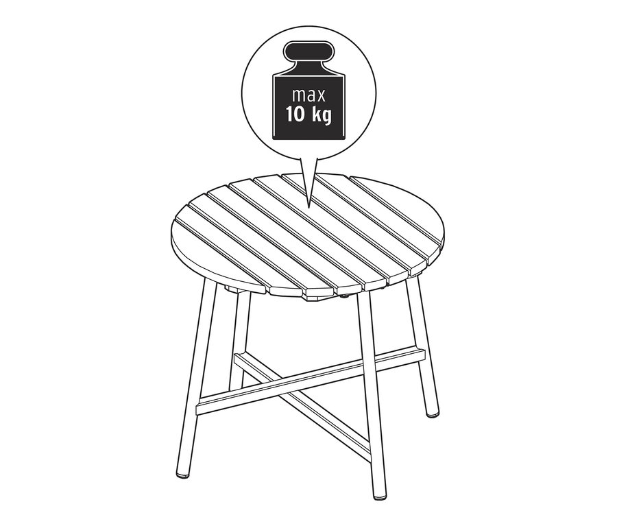 Illustration eines runden »Elin« Beistelltisches mit Lattenrost und maximaler Belastbarkeit von 10 kg.