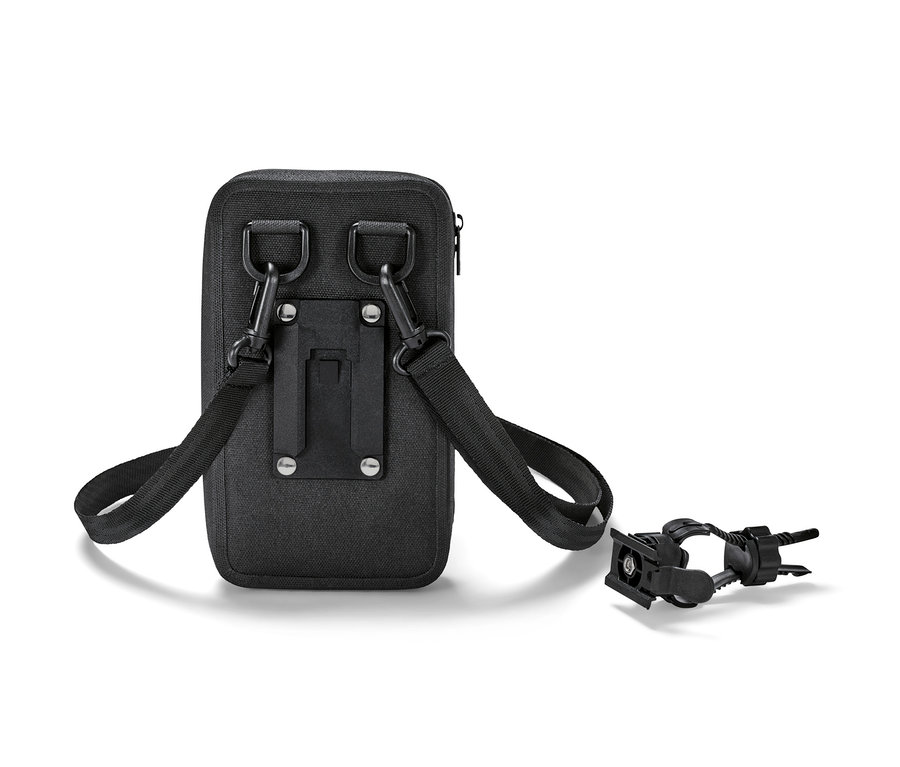Schwarze 2-in-1-Smartphonetasche mit Gurt und Halterung.