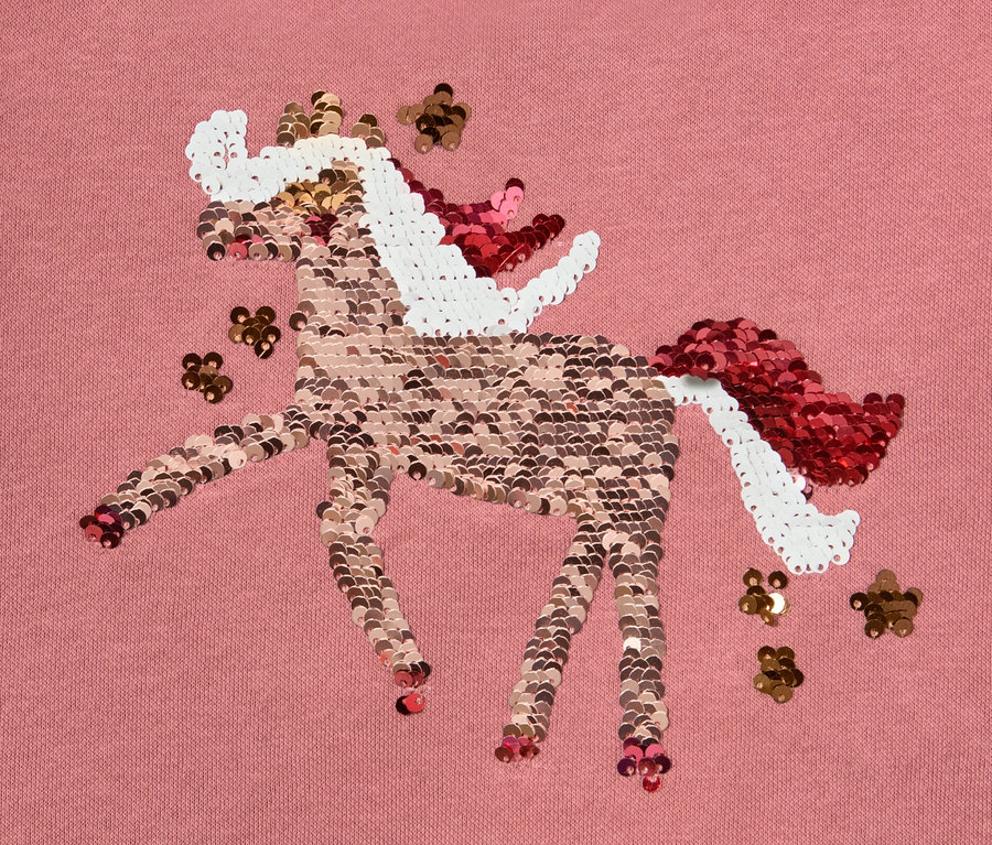 Rosa Stoff mit Einhorn aus Wendepailletten oder Print.