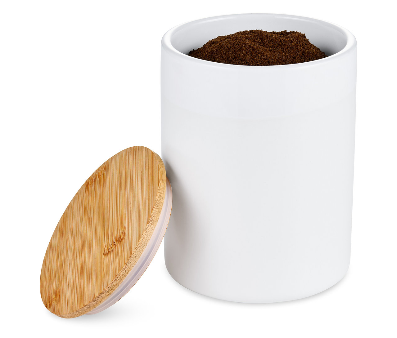 Weiße Kaffeedose, Keramik, 500g, mit Holzdeckel und Kaffeefüllung.