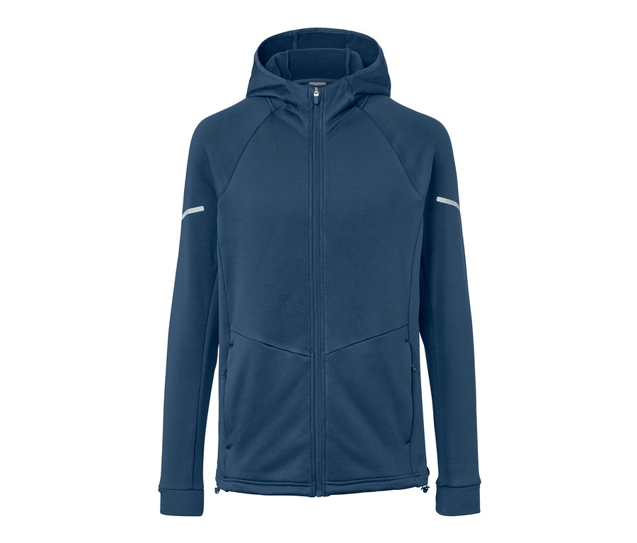 Dunkelblaue Thermojacke mit Reißverschluss und Kapuze.