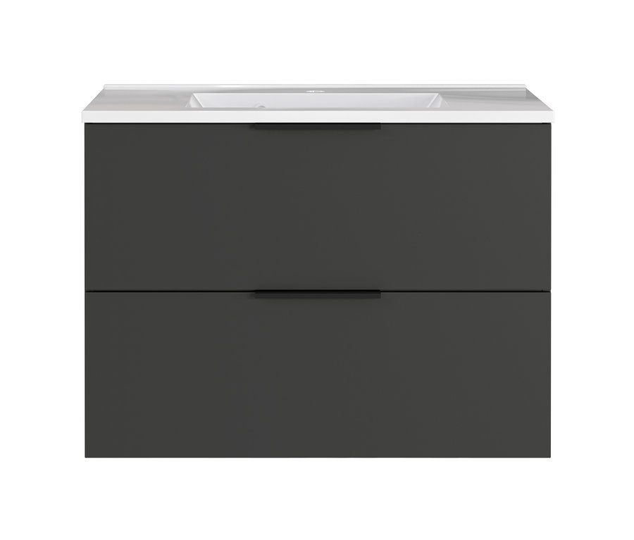 Ein grauer Dalvik Waschtisch-Unterschrank mit zwei Schubladen und einem weißen Waschbecken oben drauf.
