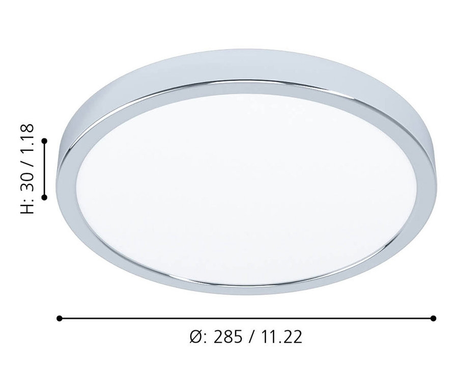 Skizze einer silbernen runden Eglo LED-Deckenleuchte »Fueva 5« mit Maßangaben.
