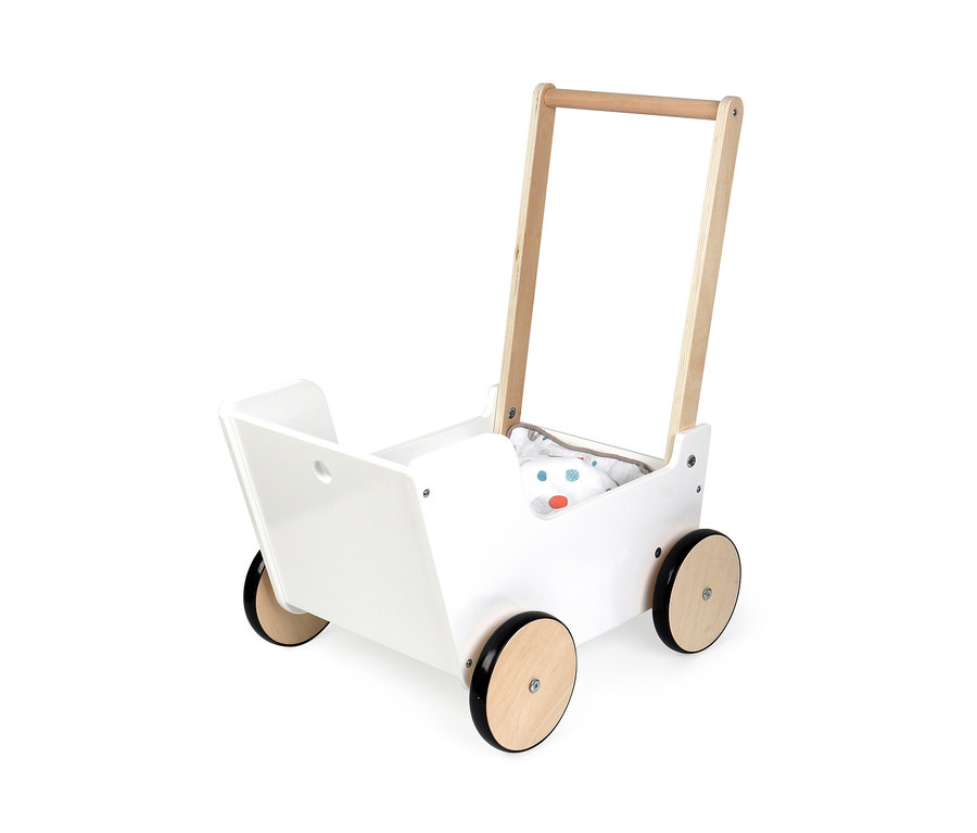 Weißer Holz-Puppenwagen mit Holzgriff und schwarzen Rädern, Modell „Little Button“ von small foot.