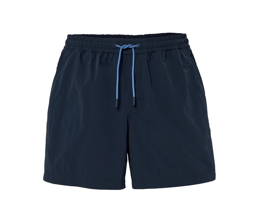 Marineblaue Badeshorts mit blauem Kordelzug.