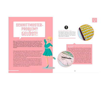 Eine Seite aus einem Nähbuch mit Text und Illustrationen, inklusive dem Buch »Näh doch einfach«.