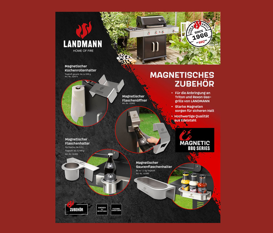 Magnetisches Landmann Zubehör: Küchenrollenhalter, Flaschenöffner, Flaschenhalter und Saucenhalter sind an einem Grill befestigt.