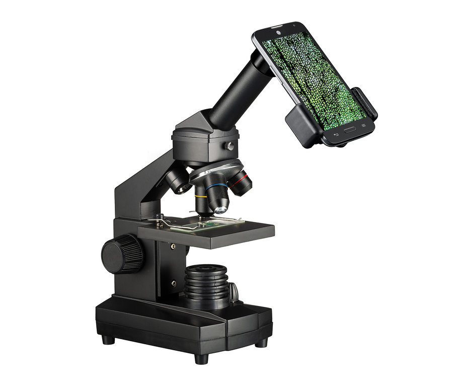 Schwarzes Mikroskop mit Smartphone-Halterung, NATIONAL GEOGRAPHIC 40x-1280x Mikroskop inkl. Smartphone Halterung.