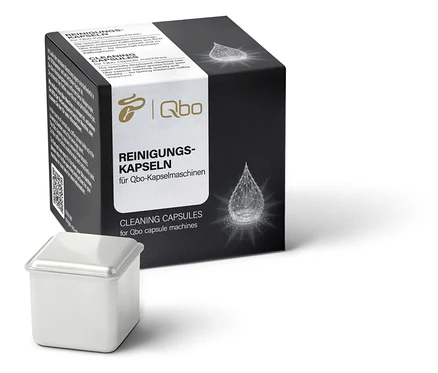 Eine quadratische Packung Qbo Reinigungskapseln mit einer einzelnen Reinigungskapsel unten links.