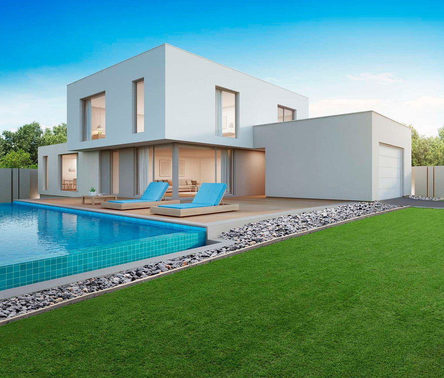 Modernes Haus mit Pool und Primaflor Kunstrasen »Zenit«.