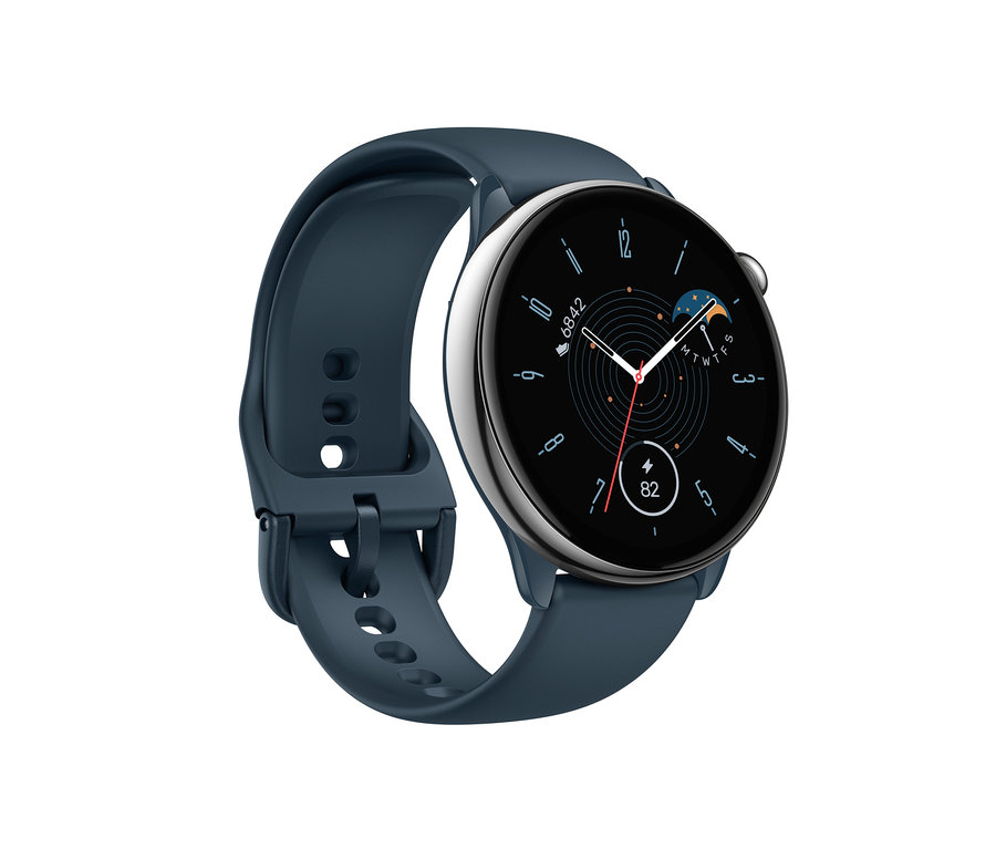 Blaue Smartwatch mit rundem silbernem Zifferblatt und dunkelblauem Armband. Amazfit GTR Mini Smartwatch, blau.