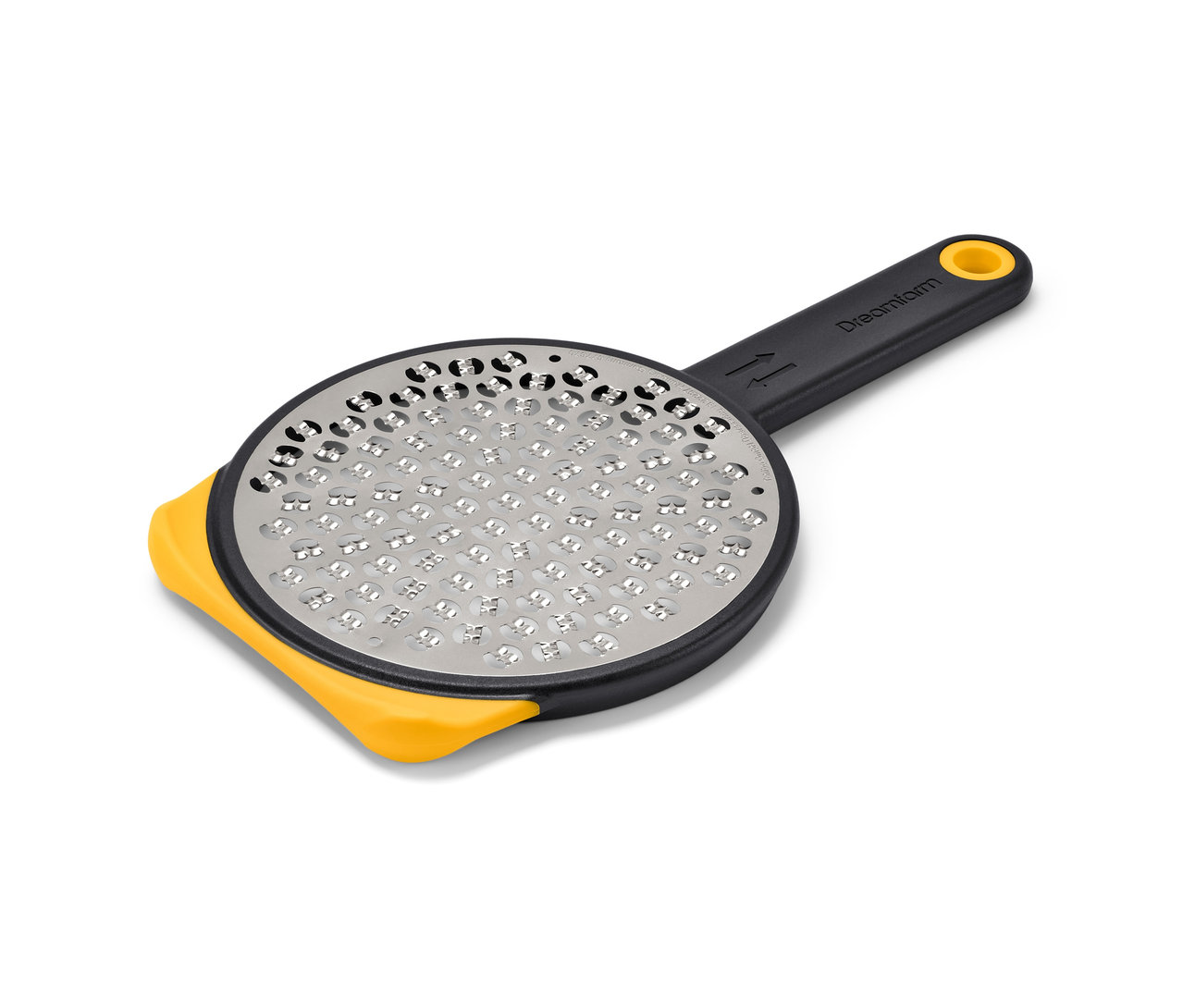 Detailaufnahme einer 2-seitigen Schnellreibe mit schwarzem Griff und gelbem Anti-Rutsch-Rand.