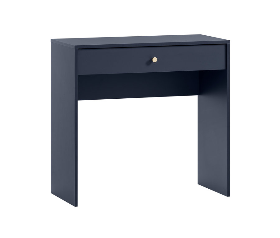 Ein marineblauer Schminktisch »Alfa« mit einer Schublade und einem goldenen runden Griff in der Mitte vor einem weißen Hintergrund.