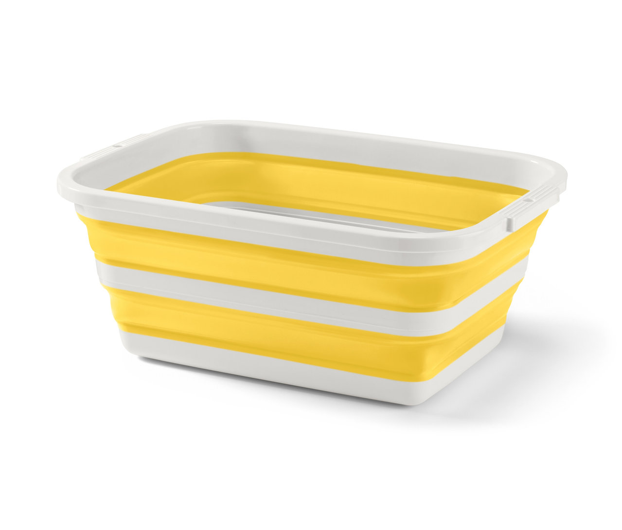 Ein faltbarer Wäschekorb in Gelb und Weiß.