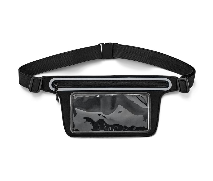 Schwarzer Laufgürtel für Smartphones mit durchsichtiger Tasche.