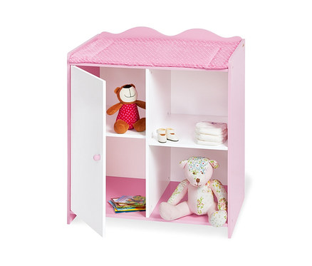Rosa-weißer Pinolino Puppenwickeltisch »Jasmin« mit Spielzeug und Zubehör.