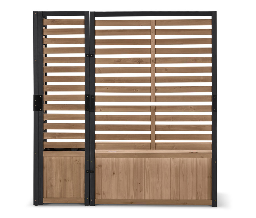 Sichtschutz-Eck-Modul »Elin« mit Pflanzkasten, horizontalen Lamellen und dunklem Rahmen.