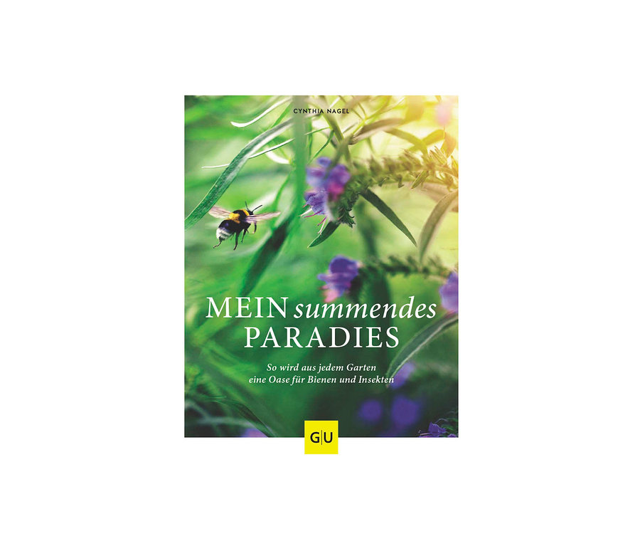Cover des Buchs »Mein summendes Paradies« mit einer Hummel an lila Blumen.