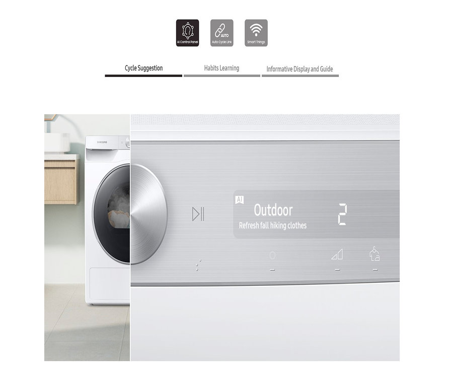 Ansicht des weißen SAMSUNG DV90T5240AW/S2 Wärmepumpentrockners (9 kg, A+++) mit Bedienfeld für Zyklusvorschläge und intelligenter Steuerung.