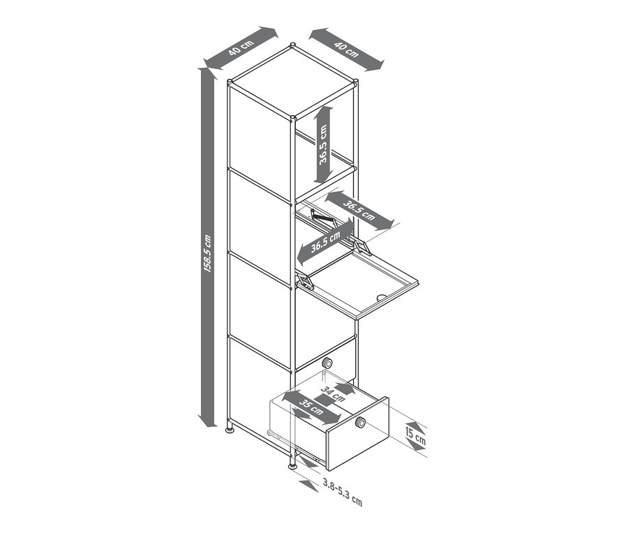 Abbildung eines Metallschranks »CN3« mit 2 Klappen und 2 Schubladen mit Maßangaben.