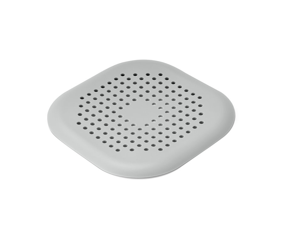Ein graues, großes Abflussieb mit quadratischem Lochmuster.