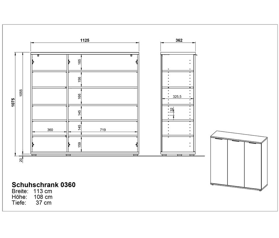 Technische Zeichnung des Schuhschranks »Osby« mit Maßangaben.